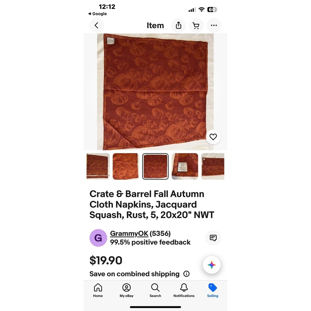 crate and barrel cloth napkins 20"X20" Fall Design Rust Colored W/pumpkins 8 Pc.